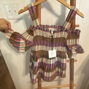 Dra Los Angeles Multicolor Plaid Off-Shoulder Blouse